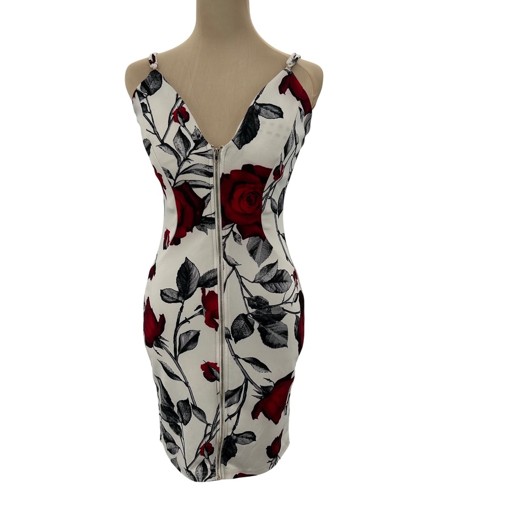 Haute Monde Womens Floral Rose Print Zipper Front Bodycon Mini Dress White Red M